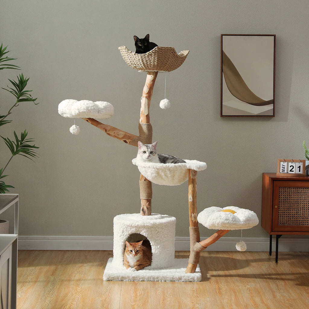 Solid Wood Cat Tree Modern Cat Tower with Spacious Cat Condo,Flower Perches.