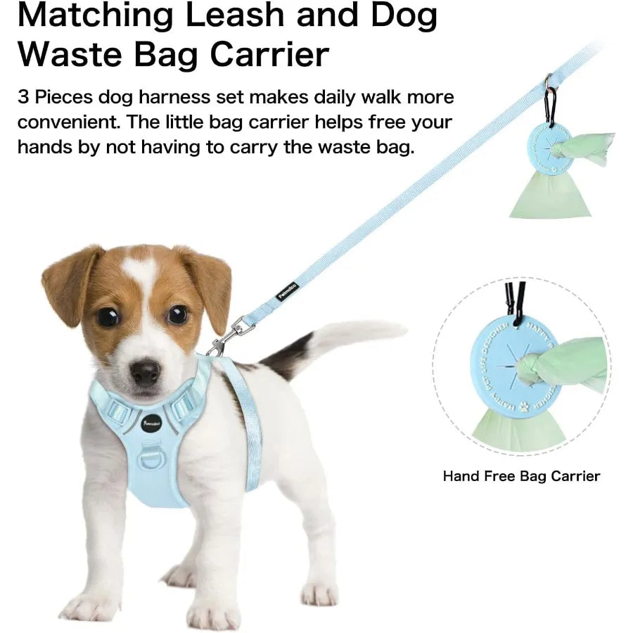 Light Blue Medium Dog Harness with Two Leash Clips and Soft Handle for Medium Dogs.