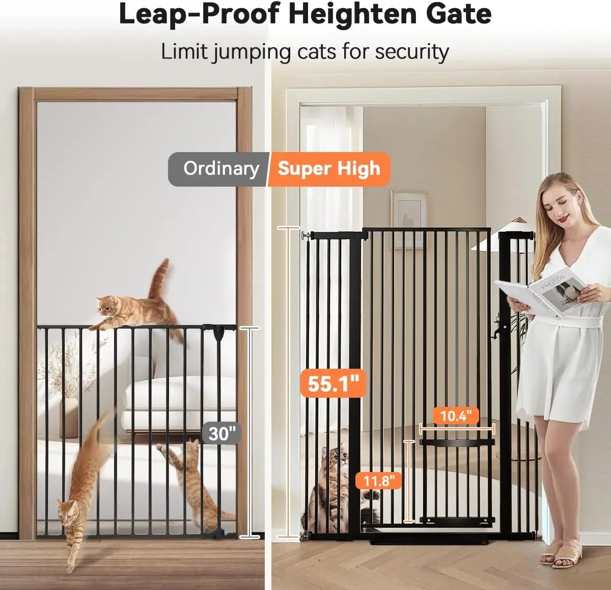 55.1" Tall Adjustable Cat Gate with Pet Door, Pressure Mounted for Stairs and Doorways