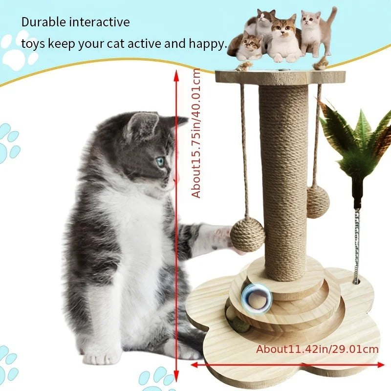 Indoor Cat Scratching Post for Pets, 2-Layer Ball Track Kitten Toy with Teasing Wand.