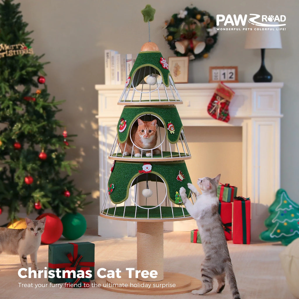 Christmas Cat Tree Tower with 3 Cozy Condos & Pompoms Multi-Level Cat House.