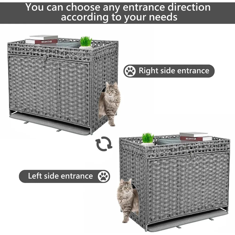 Hidden Litter Box Furniture for Large Cats: Handwoven Rattan Pet House with Door