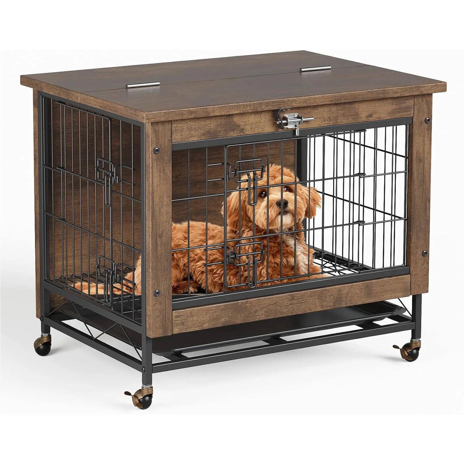 Rustic Dog Crate Furniture with Wheels 26in Small Heavy Duty Metal and Wood.