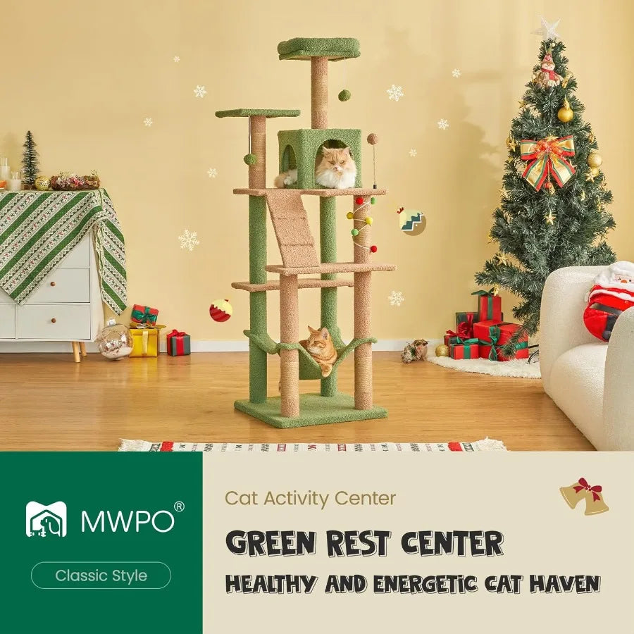 63.8 Inches Green Cat Tree for Cats Multi-Level Cat Tower with Sisal-Covered Scratching Posts.