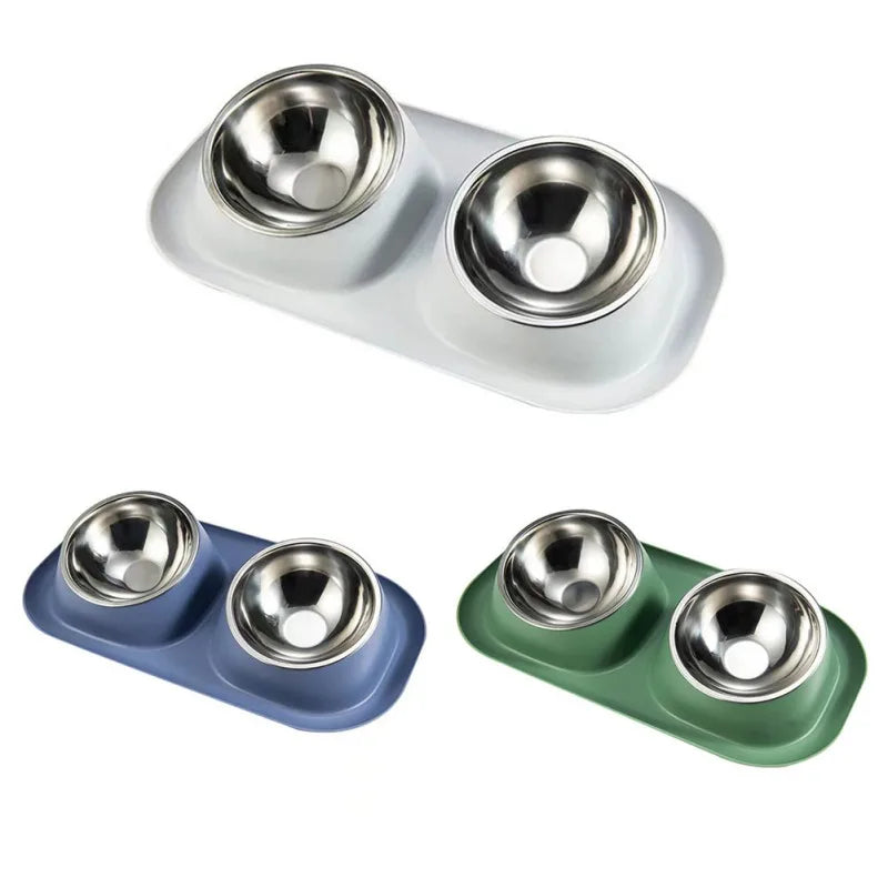 Stainless Steel Double Cat Dog Bowl Container Plastic Non-slip Base Pet Water Feeder