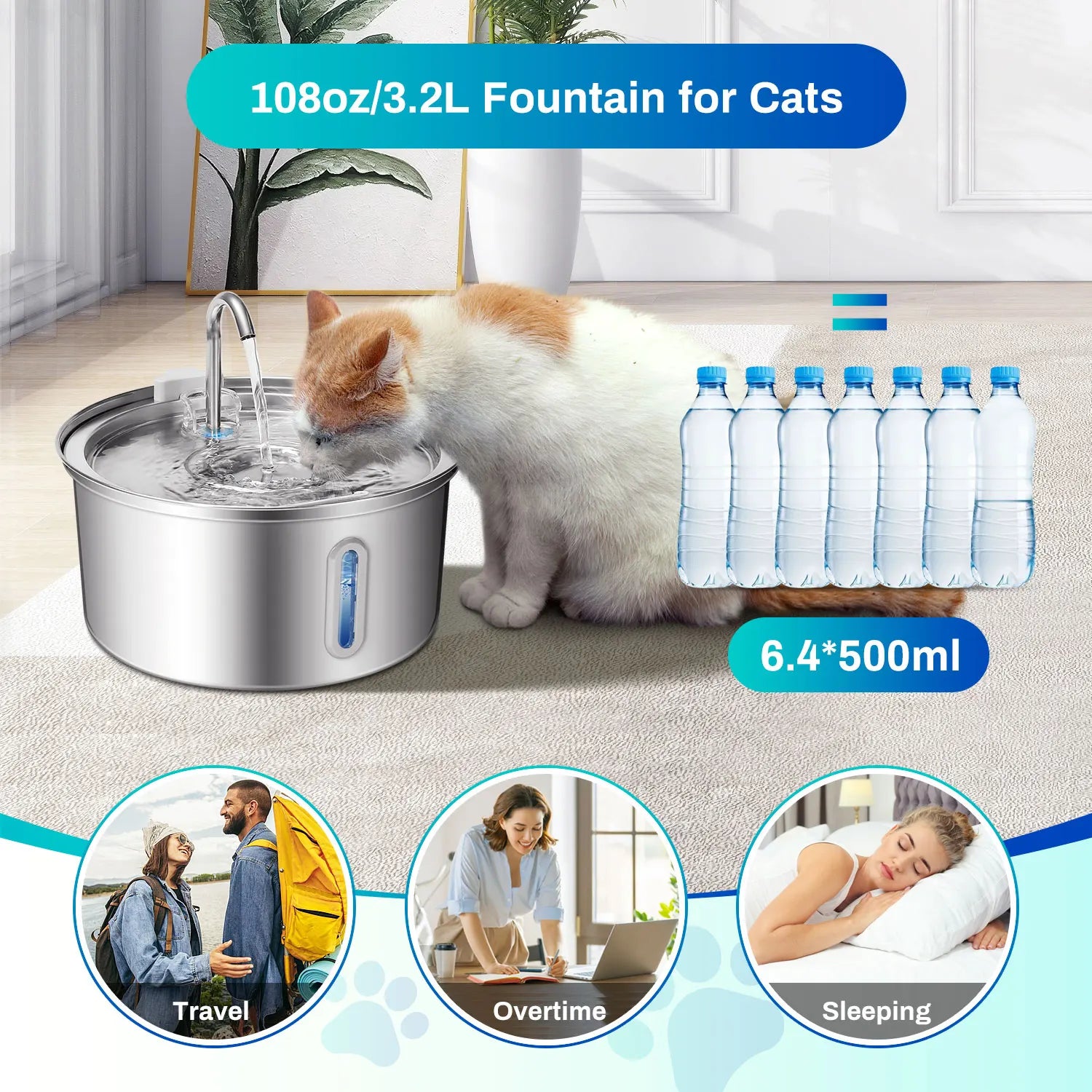 Cat Water Fountain Stainless Steel, With Ultra Quiet Pump Filtration.