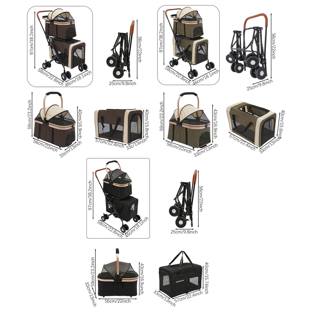 3-in-1 Multifunctional Pet Stroller Foldable Pet Stroller with 2 Pet Carrier.