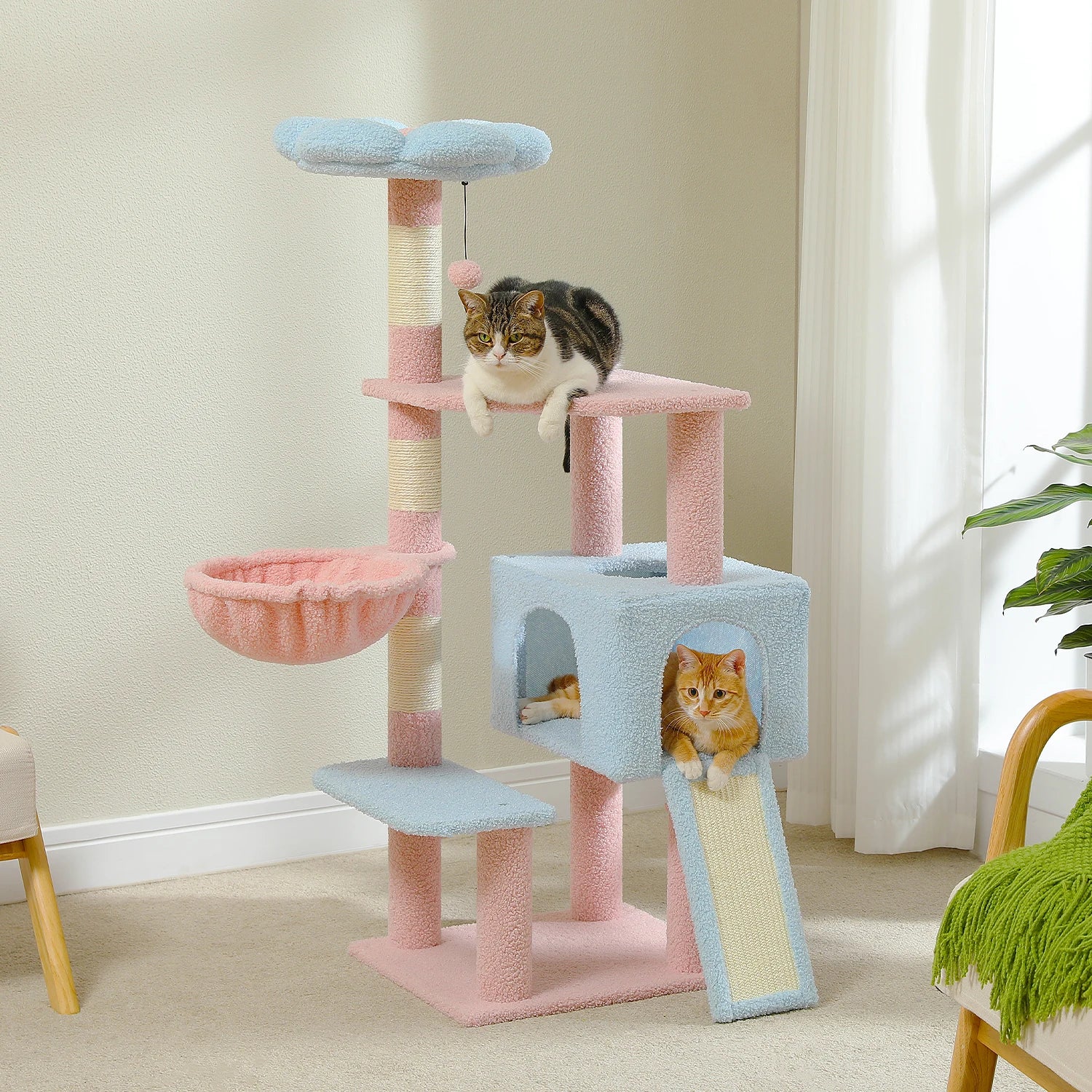 Flower Cat Tree, Multi-Level Cat Tower with Sisal Scratching Posts, Hammock, Ramp, and Top Perch.