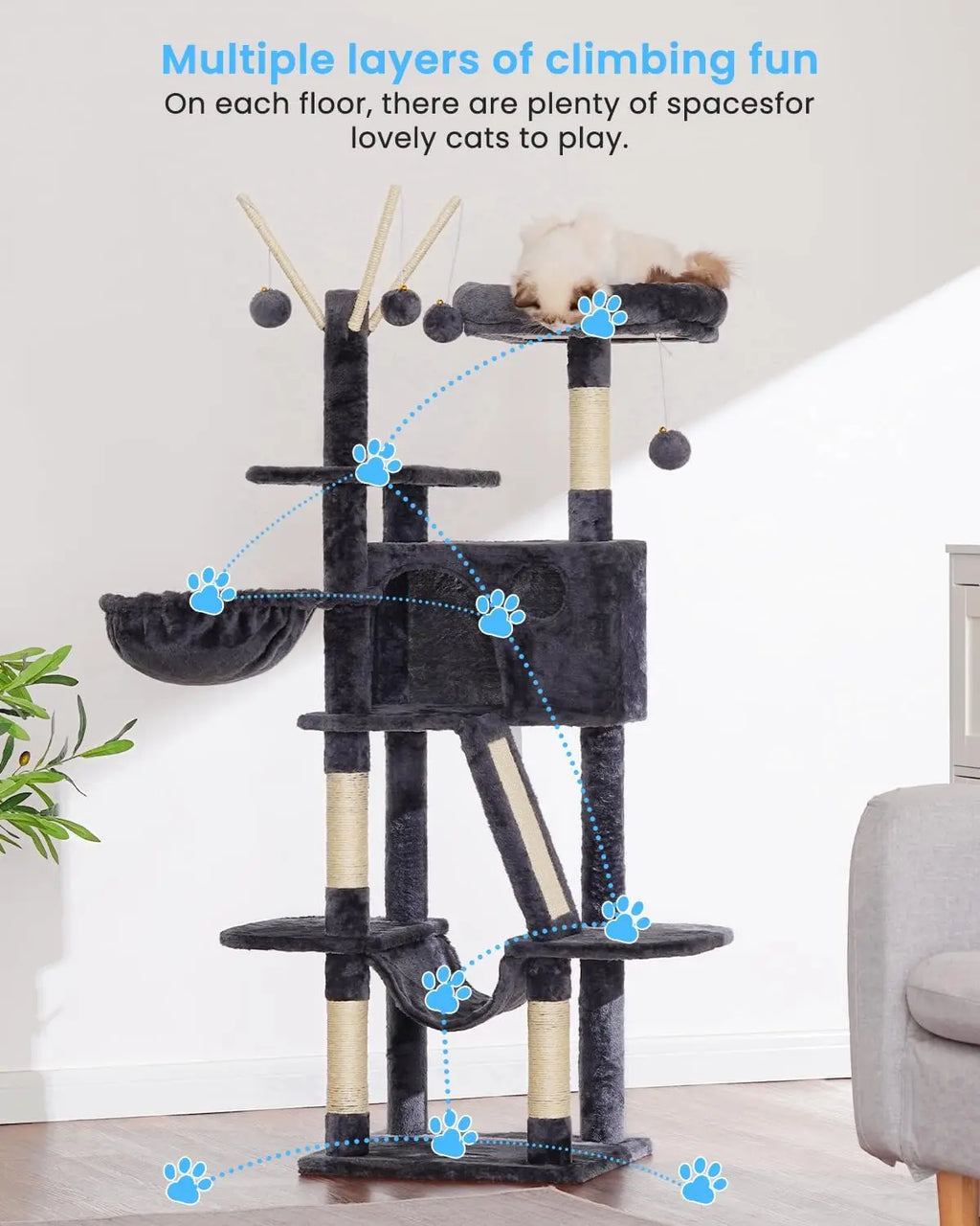 53-Inch Cat Tower with Padded Bed, Cozy Condo, Hammocks & Scratching Posts.