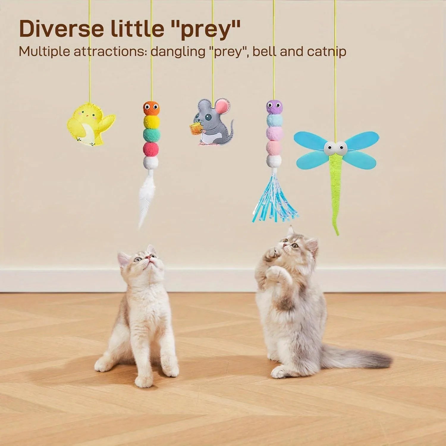 5-Pack Adjustable Hanging Cat Toys,cat Door Toy,Caterpillar & Dragonfly &Mouse Toys.
