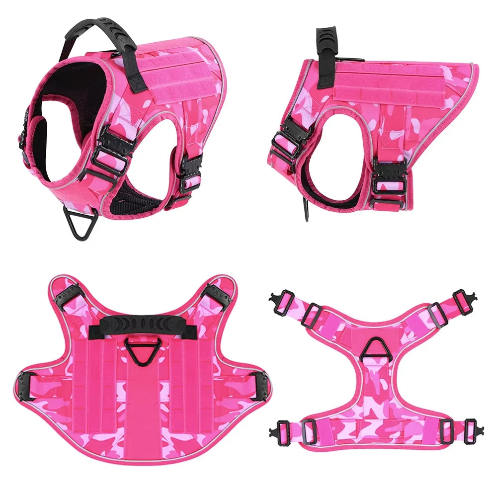 Pink Reflective Dog Harness with 4 Metal Buckles Military Tactical Pet Training,