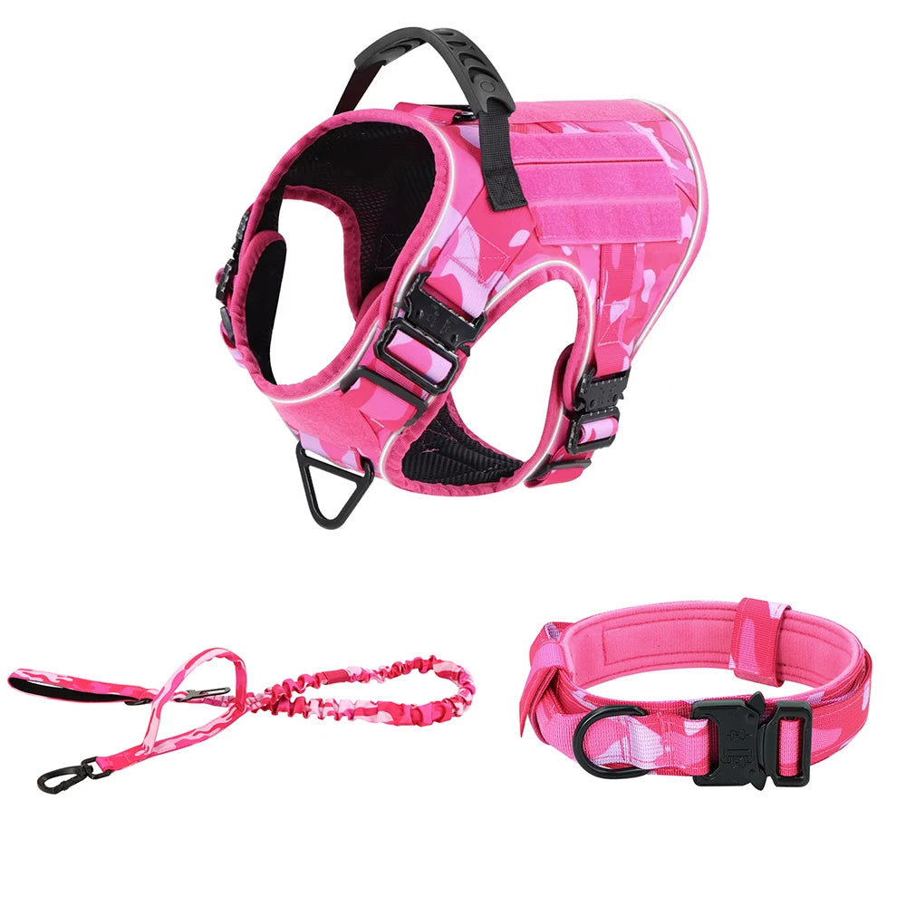 Pink Reflective Dog Harness with 4 Metal Buckles Military Tactical Pet Training,