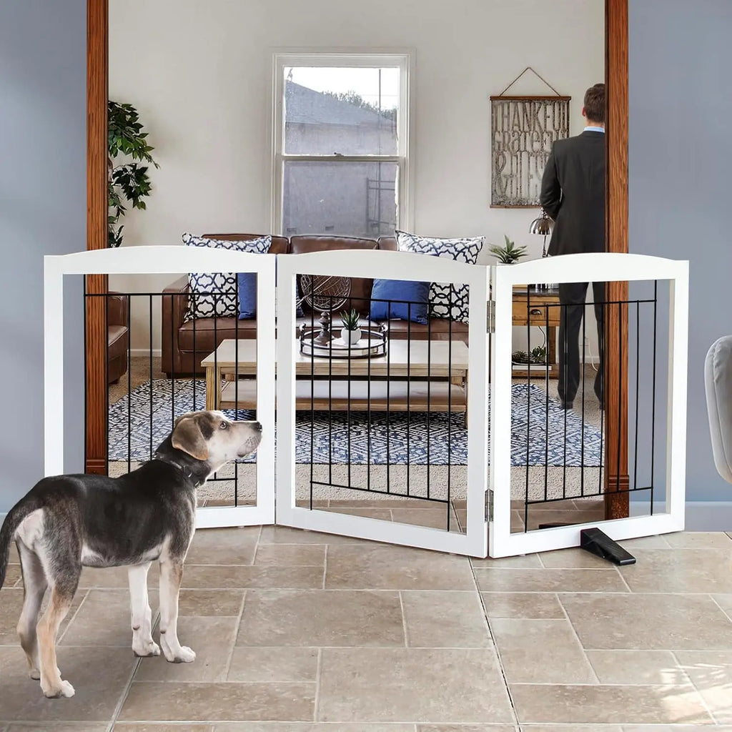Foldable Indoor Dog Gate, Sturdy Wood Pet Fence for Doorways and Stairs, White 24" Height with 3 Panels