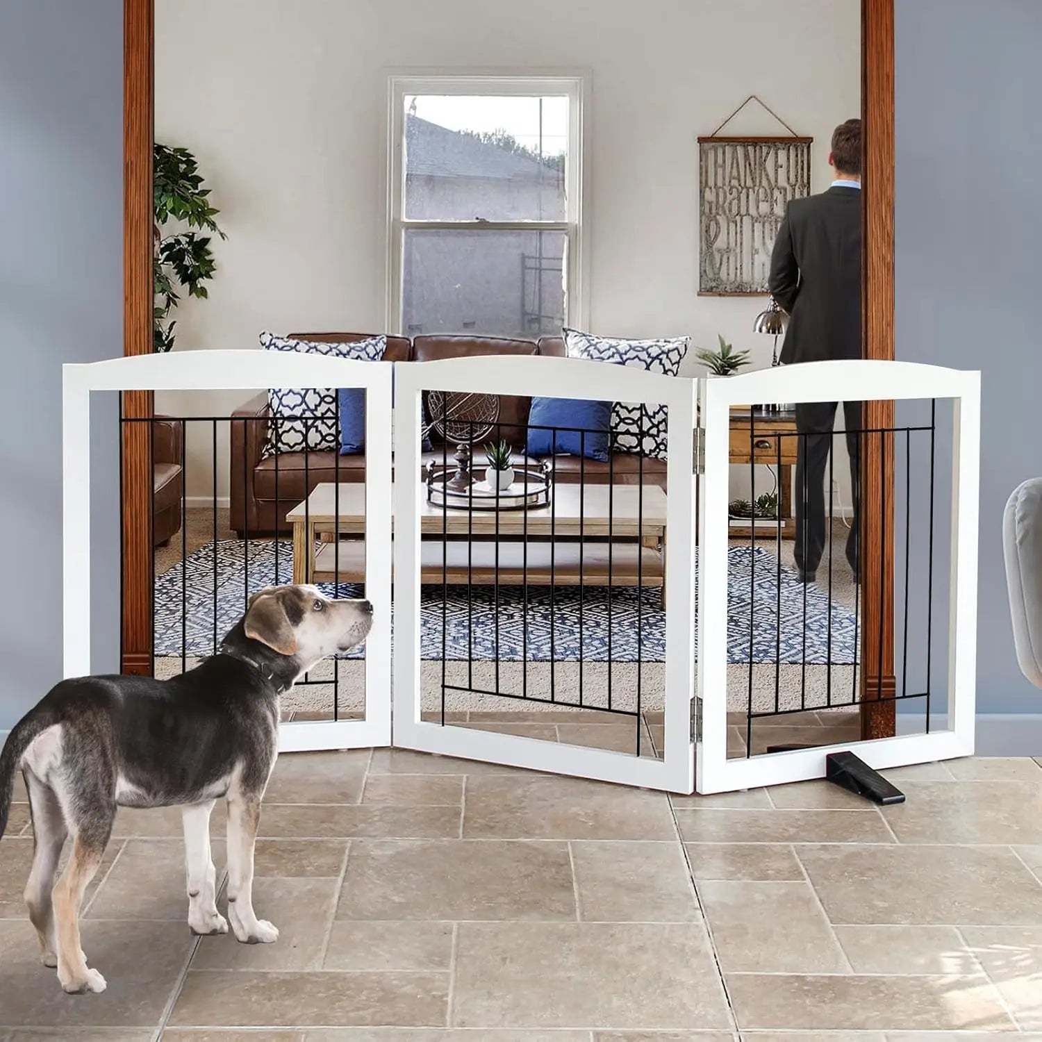 Foldable Indoor Dog Gate, Sturdy Wood Pet Fence for Doorways and Stairs, White 24" Height with 3 Panels