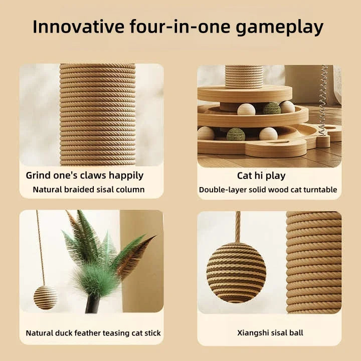 Indoor Cat Scratching Post for Pets, 2-Layer Ball Track Kitten Toy with Teasing Wand.
