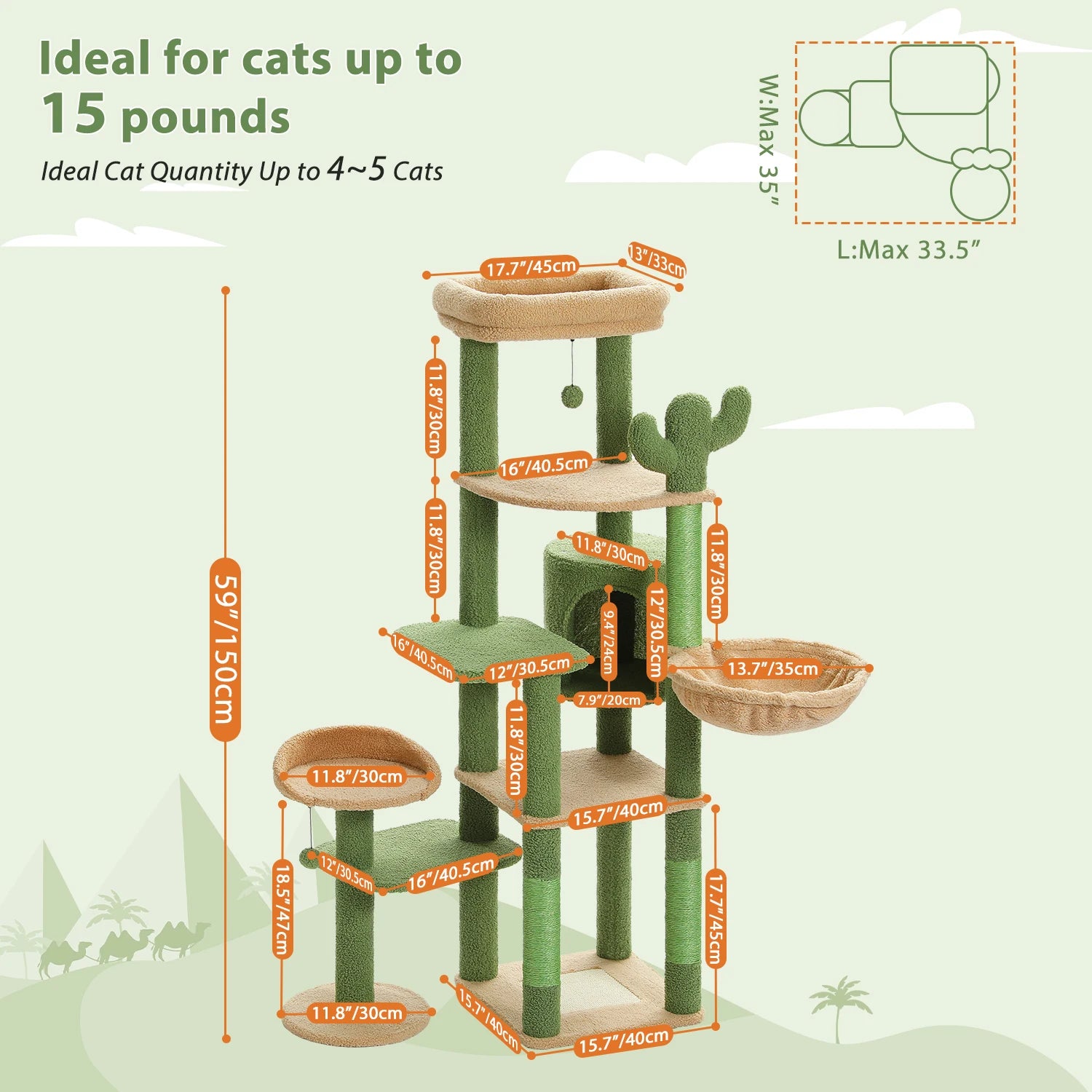 Cactus Tall Cat Tree for Large Cat Multi-Level Cat Tower for Indoor Cat Condo.