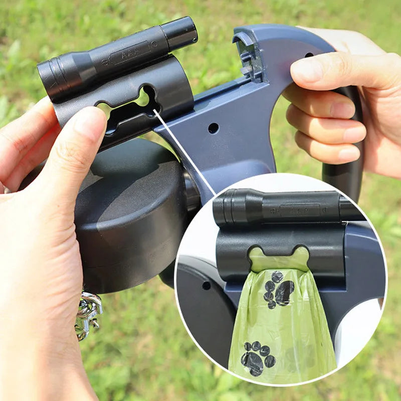 3in1 Double Head Automatic retractable Dog leash Flashlight Poop Bag Dispenser.