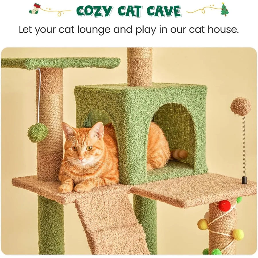 63.8 Inches Green Cat Tree for Cats Multi-Level Cat Tower with Sisal-Covered Scratching Posts.