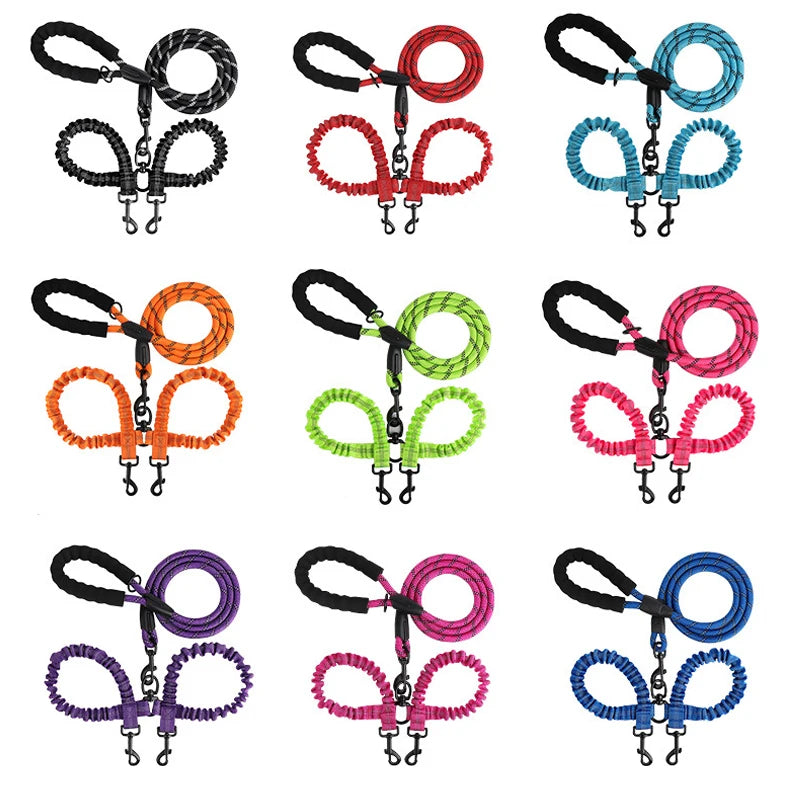 Pet Dog Double Leashes Elastic Rope Two Heads Nylon Two Dogs Collars.