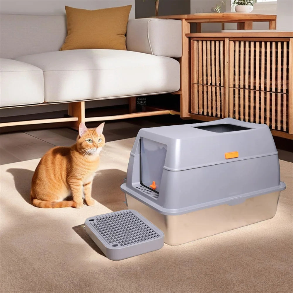 XXL Stainless Steel Cat Litter Box Enclosed Puppy Cat Litter Tray with Lid.