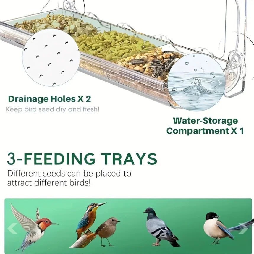Indestructible Large Window Bird Feeder with Removable Seed & Water Tray, with 4 Super Strong Adhesive Hooks.