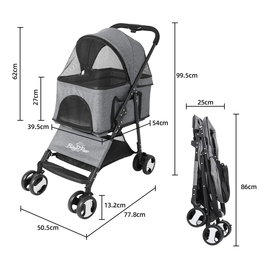 Pet Dog Stroller Foldable Travel Carrier Strolling Cart, pushchair Jogger Buggy with 4 Wheels and Rain Cover
