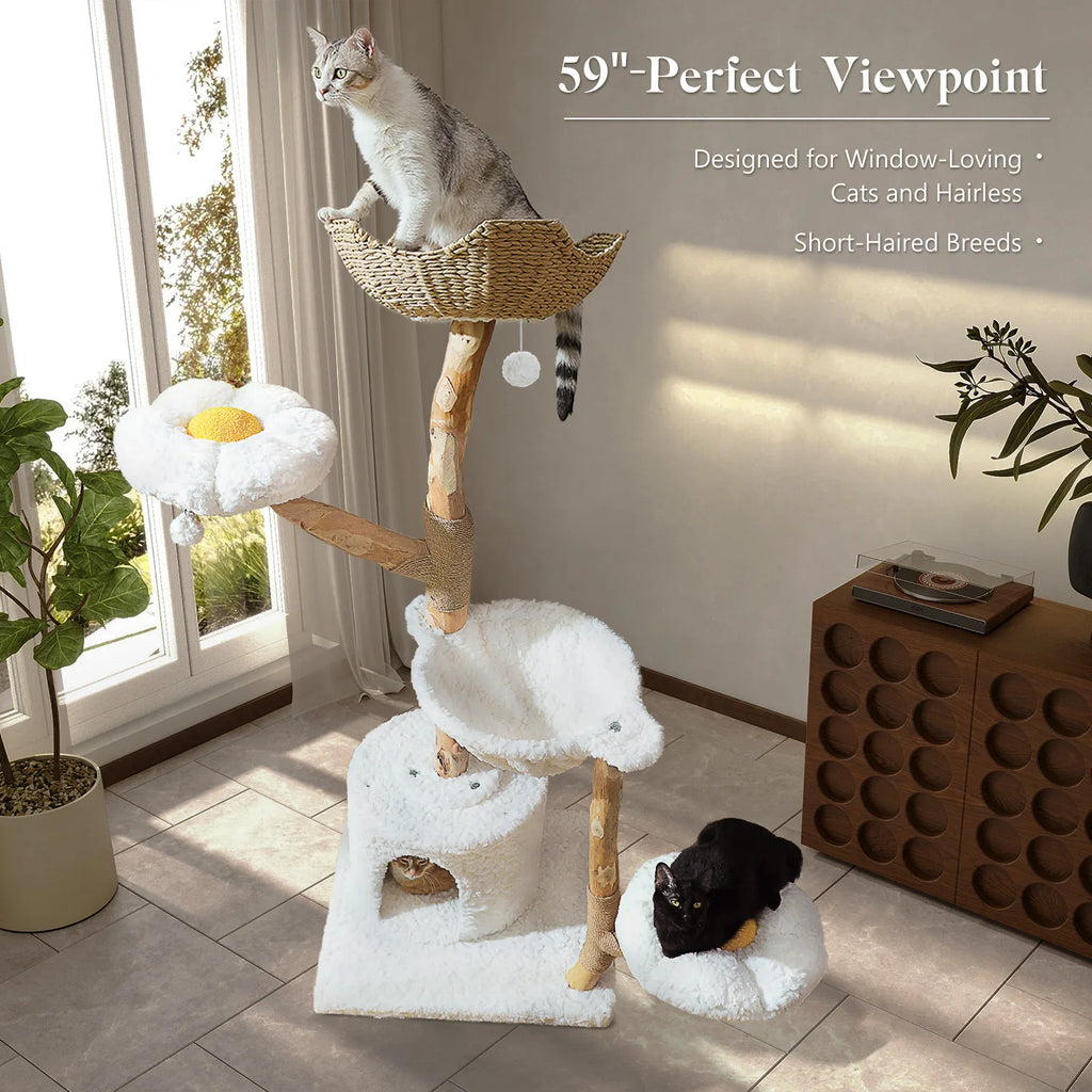 Solid Wood Cat Tree Modern Cat Tower with Spacious Cat Condo,Flower Perches.