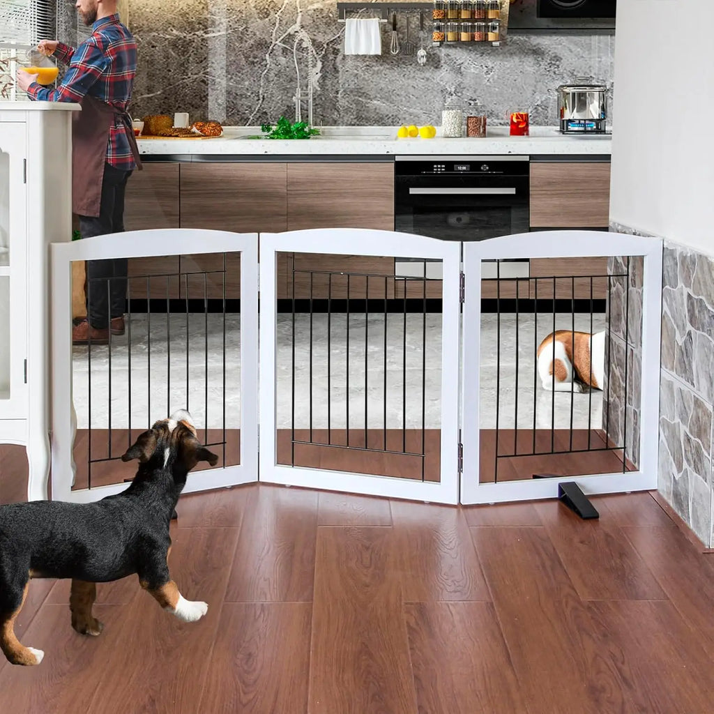 Foldable Indoor Dog Gate, Sturdy Wood Pet Fence for Doorways and Stairs, White 24" Height with 3 Panels