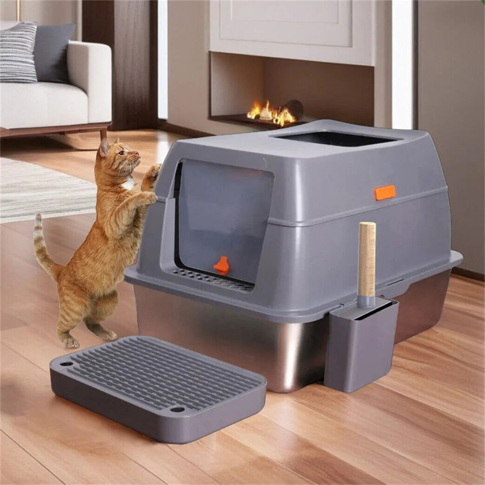 XXL Stainless Steel Cat Litter Box Enclosed Puppy Cat Litter Tray with Lid.