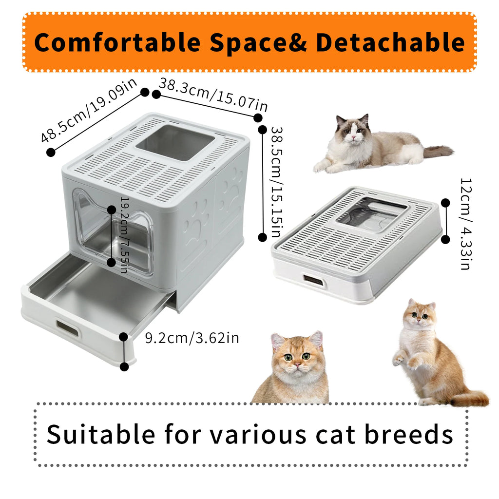Stainless Steel Cat Litter Box with Lid Front Entry and Top Exit.