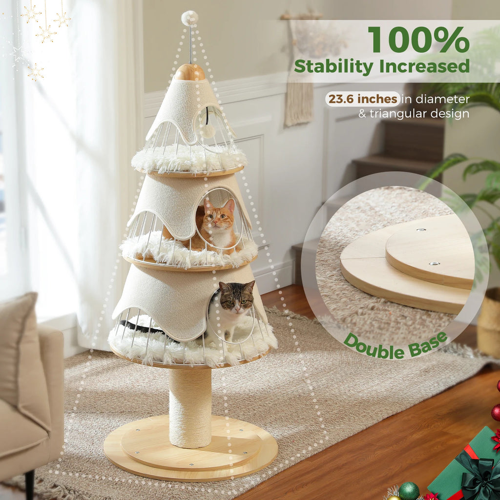 Christmas Cat Tree Tower with 3 Cozy Condos & Pompoms Multi-Level Cat House.