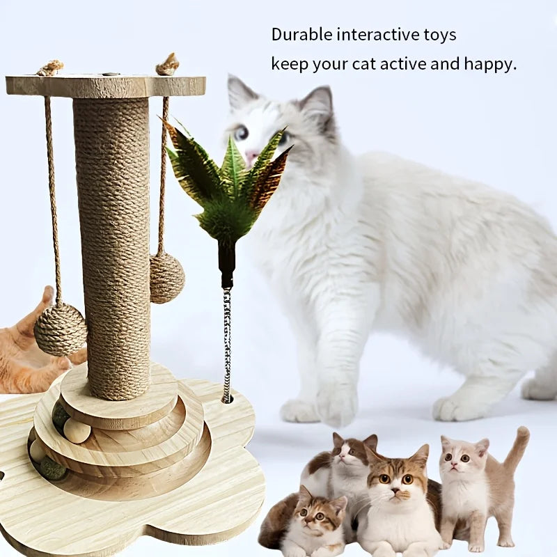 Indoor Cat Scratching Post for Pets, 2-Layer Ball Track Kitten Toy with Teasing Wand.