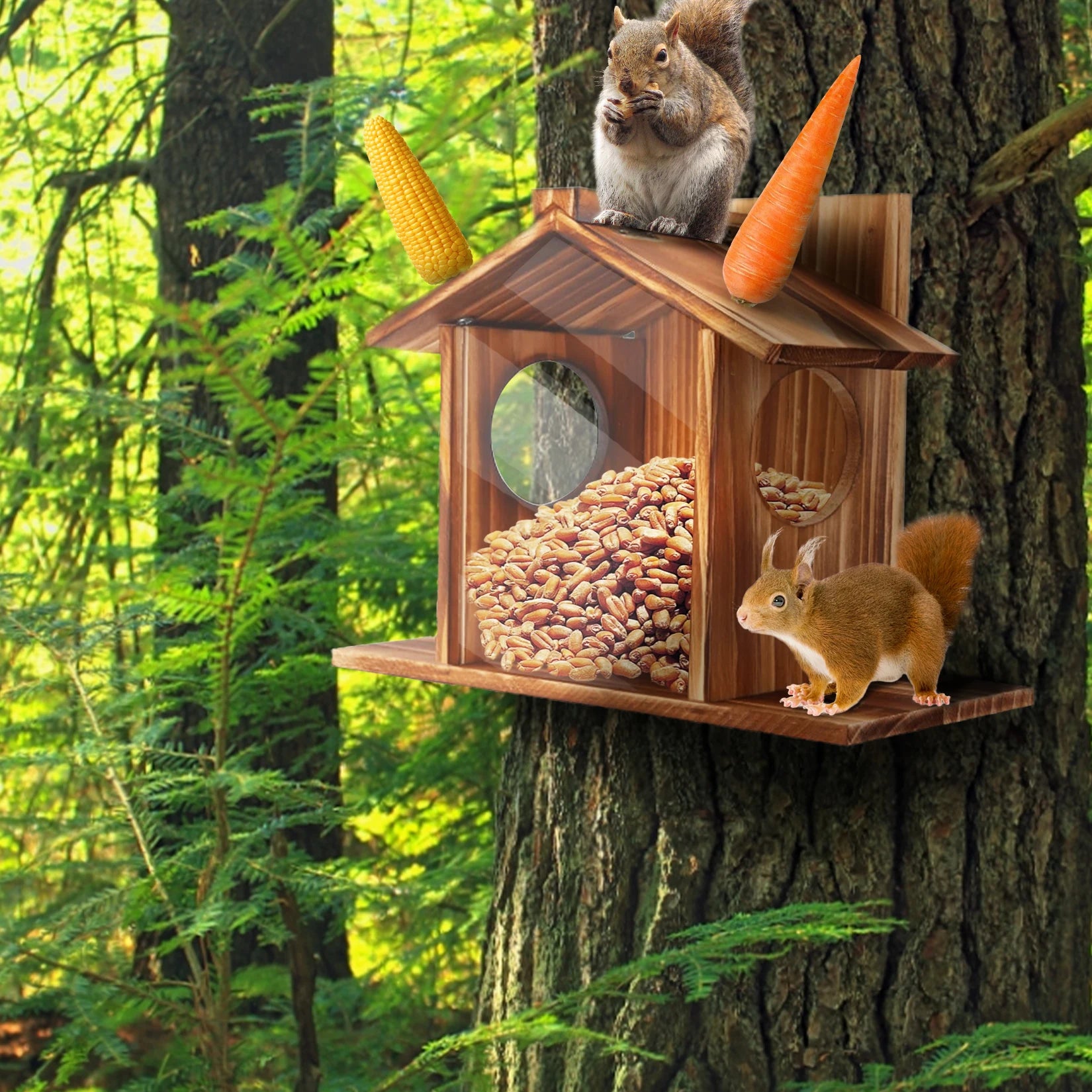 Carbonized Wood Squirrel Feeder for Outside Winter Durable Chipmunk House Box.