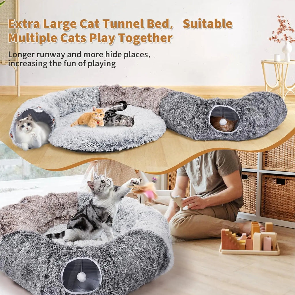 Large Cat Tunnel with Warm Bed and 20 Toys for Indoor Play, Detachable Cave for Kittens