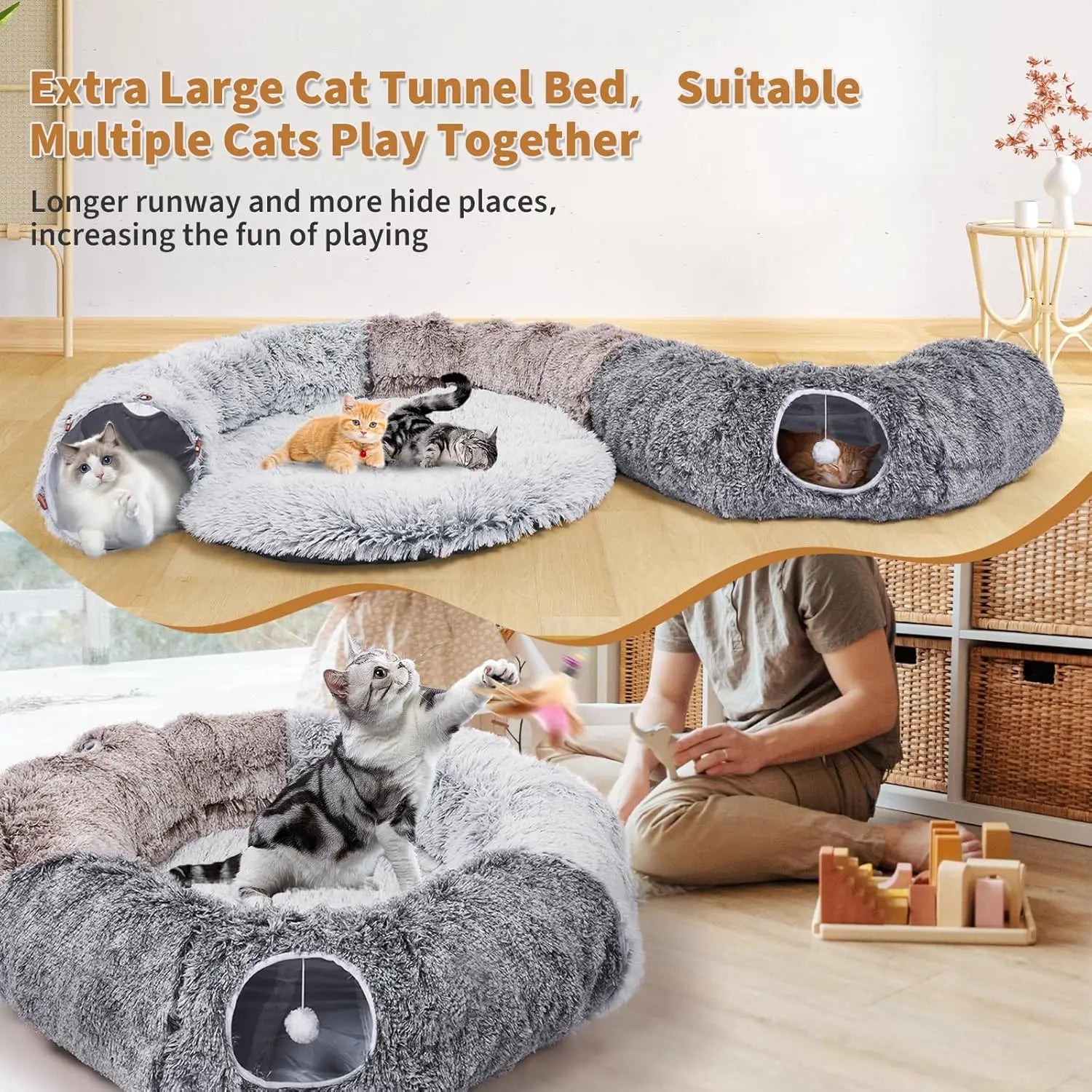 Large Cat Tunnel with Warm Bed and 20 Toys for Indoor Play, Detachable Cave for Kittens