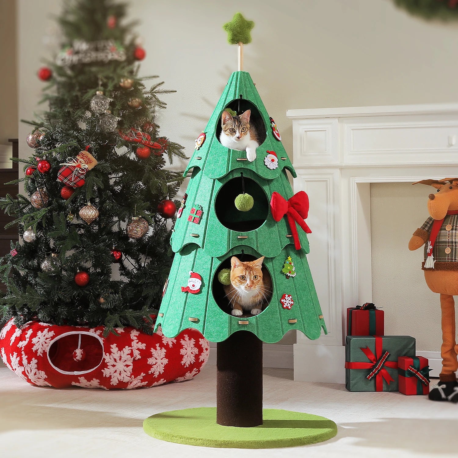 Christmas Cat Tree Tower with 3 Cozy Condos & Pompoms Multi-Level Cat House.