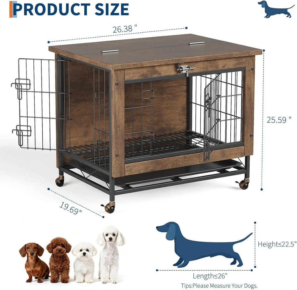 Rustic Dog Crate Furniture with Wheels 26in Small Heavy Duty Metal and Wood.