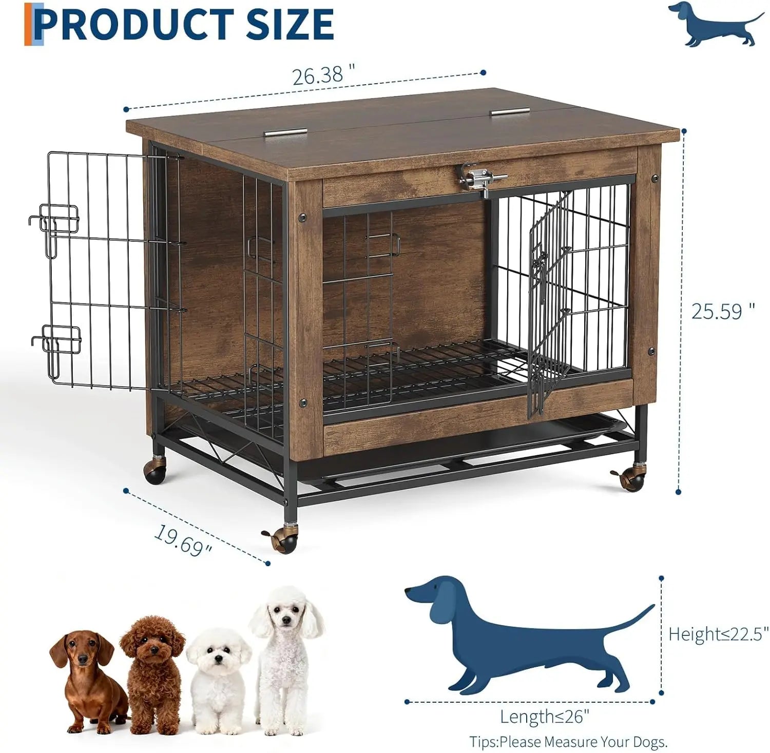 Rustic Dog Crate Furniture with Wheels 26in Small Heavy Duty Metal and Wood.