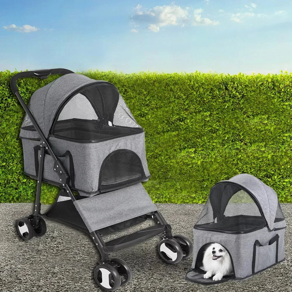 Pet Dog Stroller Foldable Travel Carrier Strolling Cart, pushchair Jogger Buggy with 4 Wheels and Rain Cover