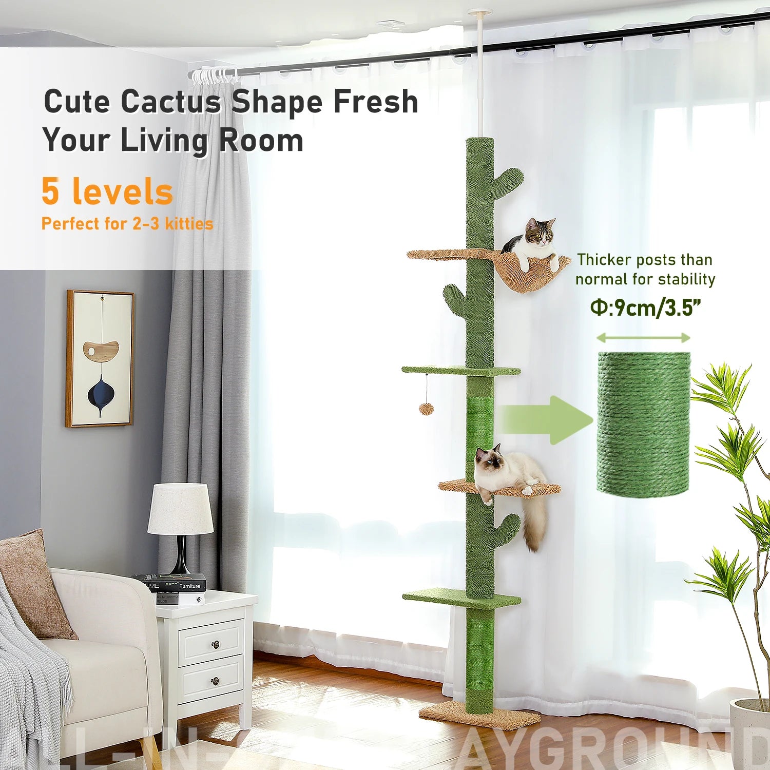 Cat Tree 5-Tier Floor to Ceiling Cat Tower Cactus Tall Climbing Tree.