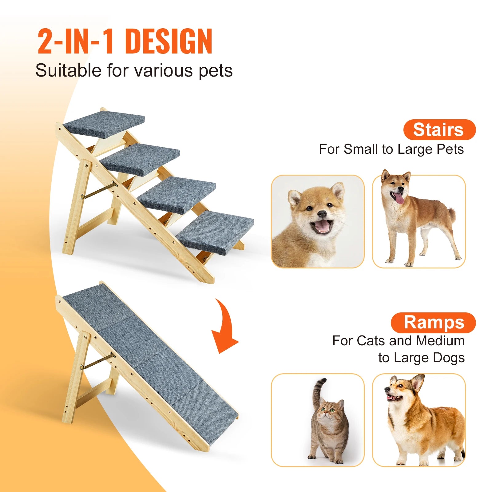 Wooden Pet Steps and Ramp Combo 2-in-1 Design Foldable Access for Beds.