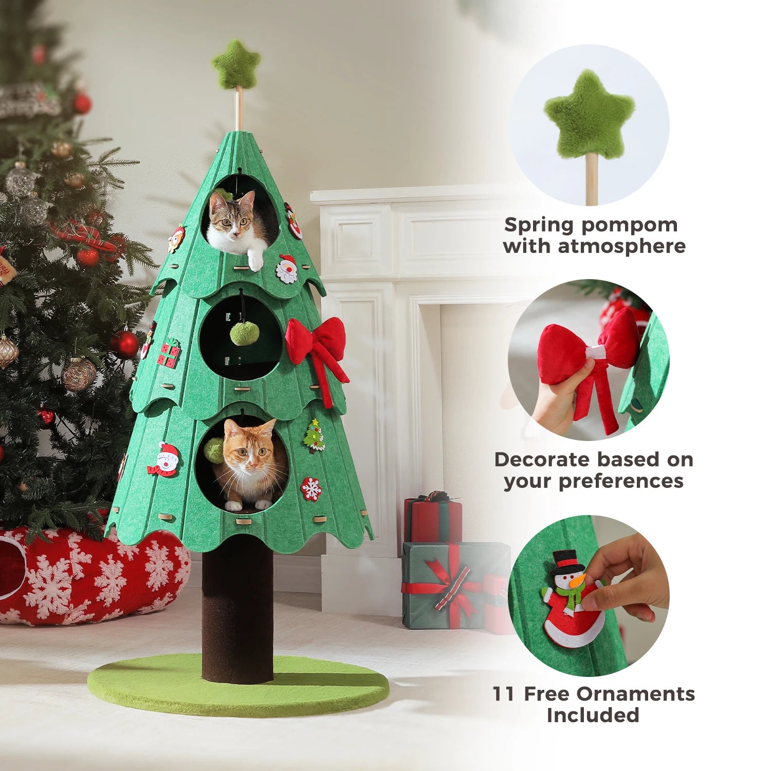 Christmas Cat Tree Tower with 3 Cozy Condos & Pompoms Multi-Level Cat House.