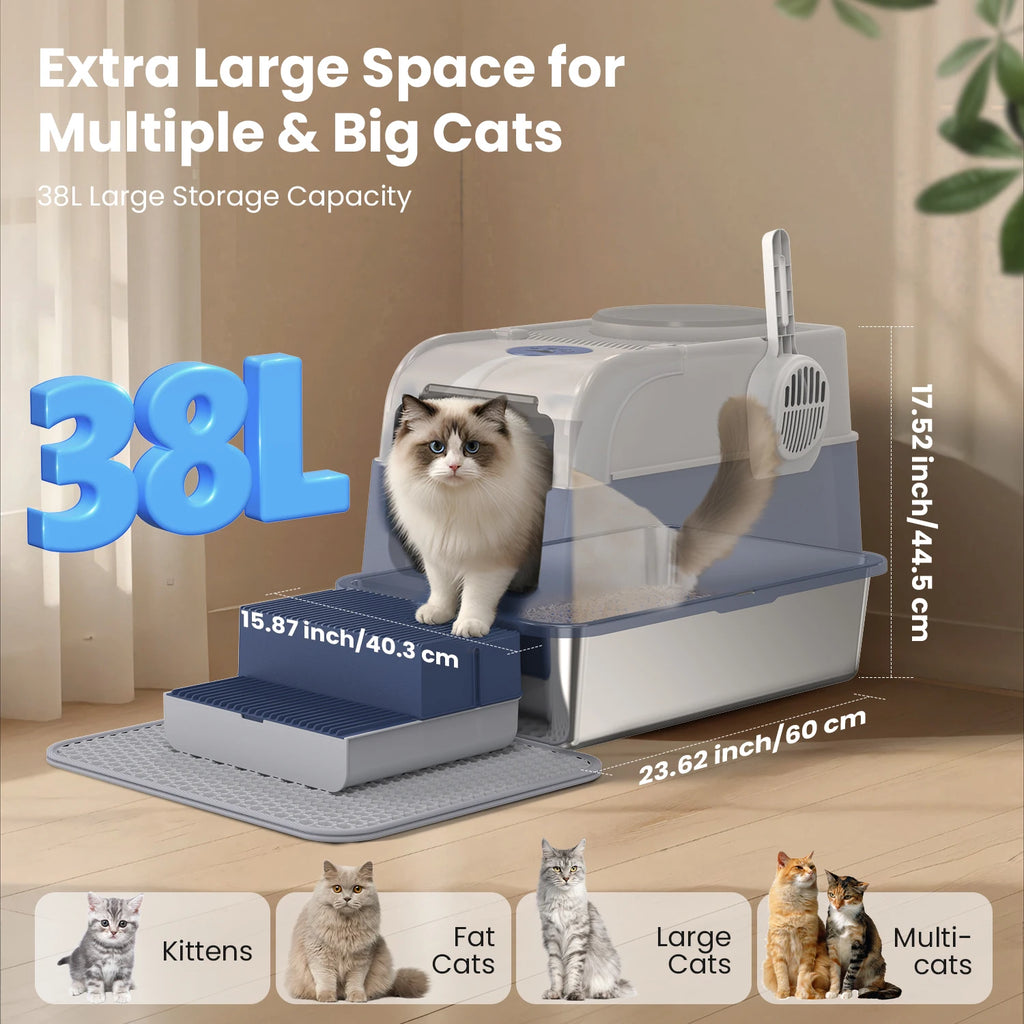 Stainless Steel Cat Litter Box Non-Stick Odor Control Easy Clean.