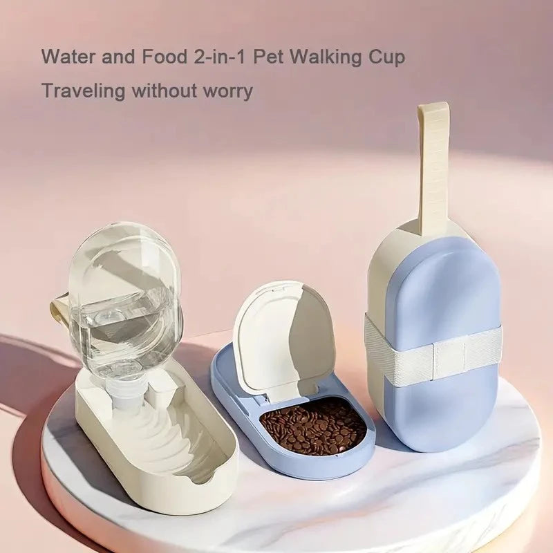 Portable Pet Water Bottle with Drinking Cup and Food Container.