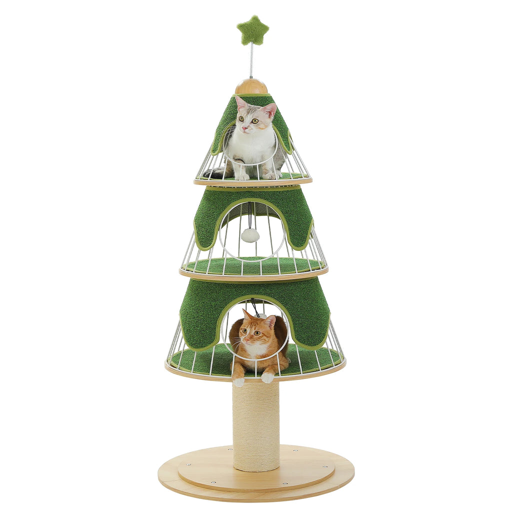 Christmas Cat Tree Tower with 3 Cozy Condos & Pompoms Multi-Level Cat House.