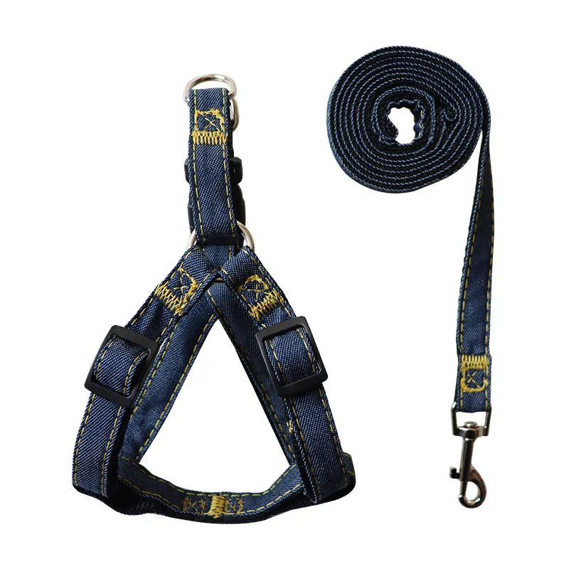 Denim Dog Collar Harness Set, Pet Accessories, Puppy and Cat Collar.