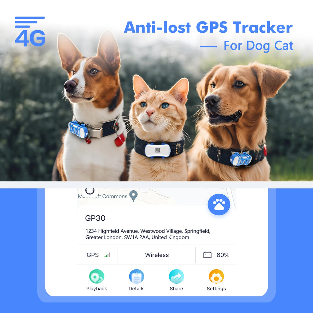 ‌4G Dog Cat GPS Tracker for Pets - Waterproof Smart Locator with App, Live Tracking & Light/Sound Search with Subscription.