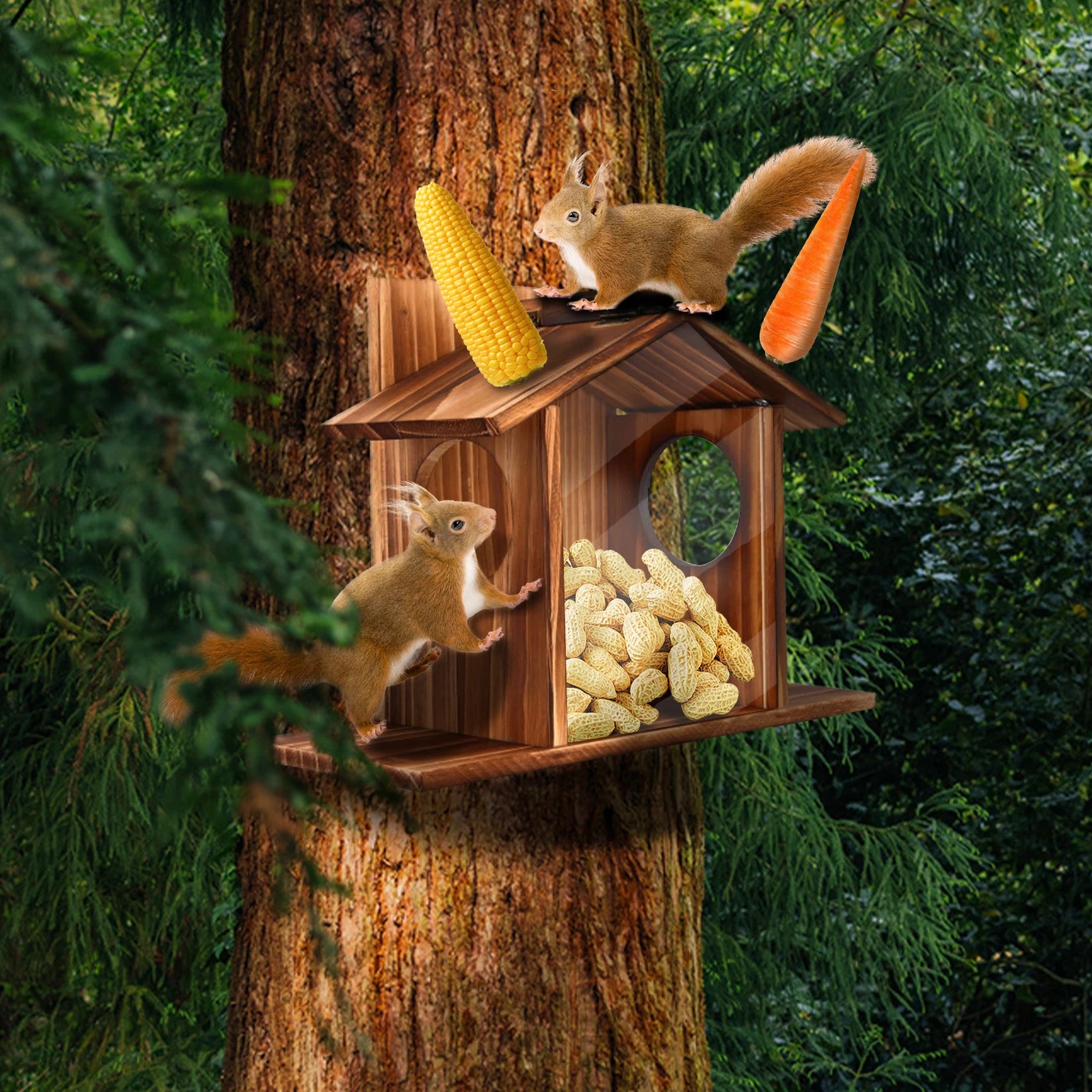 Carbonized Wood Squirrel Feeder for Outside Winter Durable Chipmunk House Box.