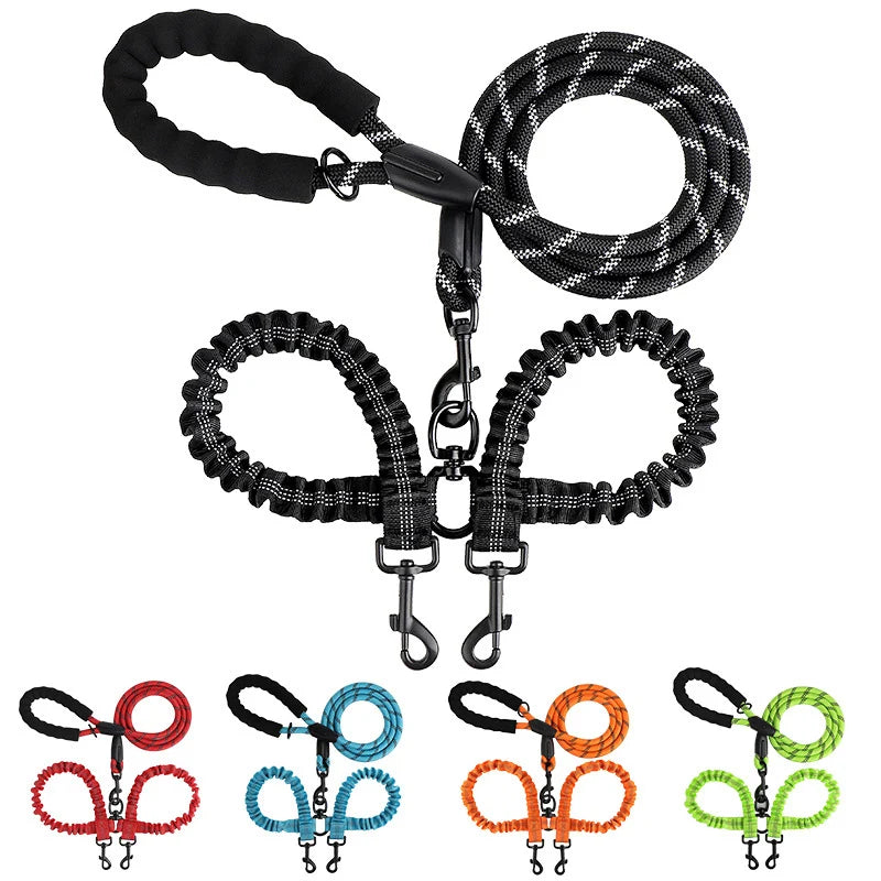 Pet Dog Double Leashes Elastic Rope Two Heads Nylon Two Dogs Collars.
