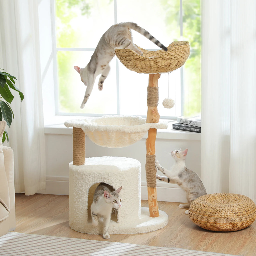 Solid Wood Cat Tree Modern Cat Tower with Spacious Cat Condo,Flower Perches.